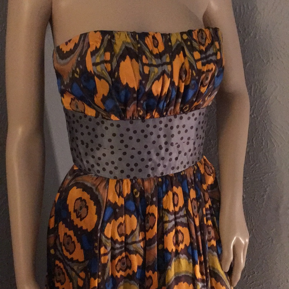 Silk Patterned Strapless Dress - image 2